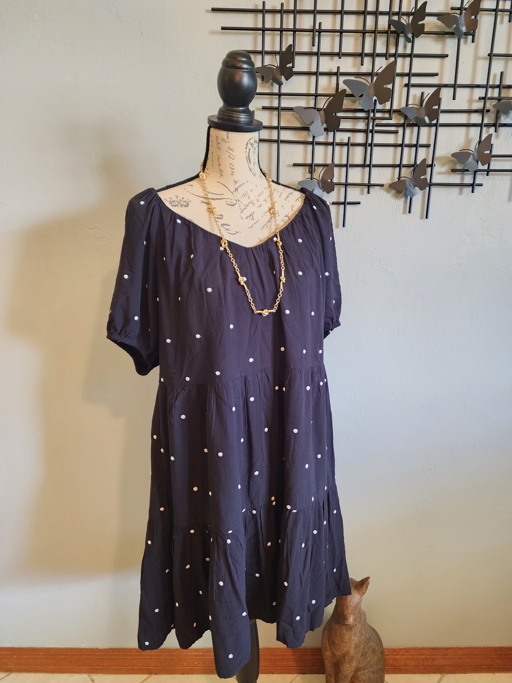 LOFT Black Polka Dot Tiered Short Sleeve Mini Dress